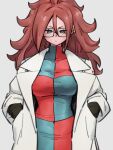  1girl android_21 black-framed_eyewear blue_eyes breasts checkered checkered_dress closed_mouth dragon_ball dragon_ball_fighterz dress earrings glasses grey_background hair_between_eyes hands_in_pockets hoop_earrings jewelry kemachiku labcoat large_breasts long_hair looking_at_viewer red_hair red_ribbon_army simple_background solo 