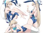  1girl animal_ears arm_support armpit_crease ass azu_ankoowl bare_shoulders barefoot blonde_hair blue_archive blue_bow blue_bowtie blue_eyes blue_hair blue_leotard bow bowtie braid breasts chips_(food) cleavage collarbone commentary detached_collar eating fake_animal_ears fake_tail feet food french_braid from_behind from_side hair_bow half_updo halo hand_on_own_hip highres leotard looking_at_viewer lying medium_breasts multicolored_hair multiple_views on_side pillow playboy_bunny potato_chips pout rabbit_ears rabbit_tail reclining sideboob solo spoken_squiggle squiggle standing streaked_hair tail thighhighs thighs toes toki_(blue_archive) toki_(bunny)_(blue_archive) v white_thighhighs wrist_cuffs 