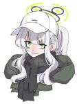  1girl black_halo black_scarf blue_archive character_request dr_yamero green_eyes green_halo grey_hair halo hat highres long_hair multicolored_halo peaked_cap ponytail runny_nose scarf sidelocks snot solo white_background white_headwear 