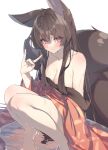  1girl animal_ears bare_shoulders barefoot blush breasts brown_hair closed_mouth fox_ears fox_girl fox_shadow_puppet fox_tail hair_censor highres japanese_clothes kimono long_hair looking_at_viewer medium_breasts multiple_tails off_shoulder original pink_eyes red_kimono shiro_youduki sidelocks sitting solo tail water wet wet_clothes wet_hair white_background wide_sleeves 