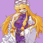  1girl blonde_hair bow breasts dress eaglov fan_to_mouth frilled_sleeves frills hand_fan hat highres holding holding_fan large_breasts long_hair long_sleeves mob_cap mole mole_under_eye pink_background pixel_art purple_dress purple_eyes red_bow sidelocks touhou very_long_hair white_dress wide_sleeves yakumo_yukari 