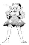  1girl ahoge bare_legs barefoot breasts claw_pose commentary_request curly_hair dress frilled_dress frills full_body greyscale horn_ornament horn_ribbon horns large_breasts long_hair monochrome open_mouth ribbon sharp_teeth sheep_horns short_dress simple_background solo tanasuke teeth touhou toutetsu_yuuma translation_request 