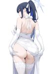  1girl ass blue_archive blue_halo breasts choker dress elbow_gloves gloves halo highres karacak official_alternate_costume saori_(blue_archive) saori_(dress)_(blue_archive) solo strapless strapless_dress thighs white_choker white_dress white_gloves 