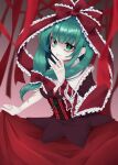  1girl @_@ arm_ribbon bow frilled_bow frilled_ribbon frills front_ponytail green_eyes green_hair hair_bow hair_ribbon highres kagiyama_hina lifted_by_self puffy_short_sleeves puffy_sleeves red_bow red_ribbon ribbon short_sleeves smile solo touhou yami_nabe 