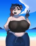 2024 absurd_res akefesauce anthro areola balls beach bear belly belly_overhang big_areola big_balls big_breasts big_bulge big_nipples blue_eyes bottomwear breasts bulge clothed clothing dark_hair digital_media_(artwork) ear_piercing eyeliner genitals gesture giant_panda gloves_(marking) gradient_hair gynomorph hair hair_over_eye hand_gesture hand_on_hip hi_res intersex looking_away makeup mammal markings navel navel_piercing nipples one_eye_obstructed outside pants piercing pink_nipples puffy_the_panda_(jgpuffypanda) red_hair sea slightly_chubby solo topwear translucent translucent_clothing v_sign water white_body