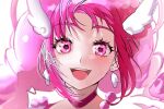  1girl backlighting choker commentary cure_happy earrings hoshizora_miyuki jewelry long_hair looking_at_viewer magical_girl nani_(s2_nani) open_mouth pink_choker pink_eyes pink_hair precure smile smile_precure! solo symbol-only_commentary twintails wind wing_hair_ornament 