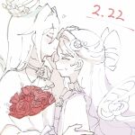  ascot blush bouquet bow bowtie closed_eyes closed_mouth crown dated flower greyscale hair_bow hair_intakes hand_on_another&#039;s_arm hand_on_another&#039;s_head hao02909434040 heart highres holding holding_bouquet kiratto_pri_chan kiss kissing_forehead long_hair luluna_(pri_chan) monochrome pretty_series red_flower red_rose rose smile solulu spot_color sweatdrop upper_body 