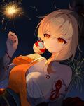  1girl arm_tattoo artist_name blonde_hair bracelet breasts chest_sarashi chest_tattoo choker cleavage closed_mouth collarbone commentary_request fireworks fish_tattoo flower_tattoo genshin_impact hadanugi_dousa hand_up highres holding_fireworks japanese_clothes jewelry kimono long_hair night nirako_mona orange_eyes orange_kimono outdoors red_choker red_nails sarashi single_bare_shoulder smile solo sparkler tattoo upper_body yoimiya_(genshin_impact) 