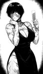 1girl absurdres bandage_over_one_eye bare_legs bracelet breasts burn_scar choker cleavage closed_mouth cocktail_glass collarbone cowboy_shot cup dress drinking_glass glasses greyscale groin hand_on_own_hip highres holding holding_cup jewelry jujutsu_kaisen large_breasts looking_at_viewer low_neckline messy_hair monochrome one_eye_covered round_eyewear scar scar_on_arm scar_on_chest scar_on_face scar_on_leg scar_on_neck shiny_skin short_hair side_slit simple_background sleeveless sleeveless_dress solo spaghetti_strap standing sweat thick_thighs thighs vignetting white_background wide_hips zen&#039;in_maki zovokia 