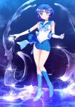  1girl back_bow bishoujo_senshi_sailor_moon blue_choker blue_eyes blue_footwear blue_hair blue_sailor_collar blue_skirt boots bow choker circlet earrings elbow_gloves full_body gloves high_heels highres himewachi jewelry magical_girl mizuno_ami sailor_collar sailor_mercury sailor_senshi_uniform short_hair skirt smile solo white_gloves 