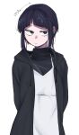  1girl arms_behind_back black_eyes black_hair black_jacket black_sweater boku_no_hero_academia character_name closed_mouth drawstring dress highres jacket jirou_kyouka long_earlobes looking_at_viewer short_hair simple_background solo sweater tongu_11 turtleneck turtleneck_sweater white_background white_dress 