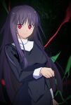  1girl asagami_fujino black_dress breasts closed_mouth commentary dress glowing glowing_eyes habit highres hirakawa kara_no_kyoukai long_hair long_sleeves looking_at_viewer medium_breasts purple_hair red_eyes reien_girl&#039;s_academy_school_uniform school_uniform solo straight_hair uniform 