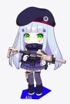  1girl assault_rifle belt black_belt black_footwear black_headwear blunt_bangs boots chibi dot_mouth girls&#039;_frontline gloves green_eyes gun h&amp;k_hk416 highres hk416_(girls&#039;_frontline) holding holding_weapon jacket long_hair looking_at_viewer military_jacket pleated_skirt purple_jacket purple_skirt purple_thighhighs rifle shichi_(ponpeex) sidelocks simple_background skirt slit_pupils standing teardrop_facial_mark thighhighs weapon white_background white_gloves white_hair 