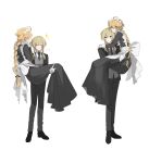  1boy 1girl aether_(genshin_impact) ahoge alternate_costume apron back_bow black_bow black_dress black_footwear black_jacket black_necktie black_pants blonde_hair blush bow braid brother_and_sister carrying closed_eyes closed_mouth collared_jacket collared_shirt crossdressing dress enmaided full_body genshin_impact gloves grey_vest hair_between_eyes hair_bow hands_up highres jacket long_hair long_sleeves looking_at_another lumine_(genshin_impact) maid maid_headdress necktie open_clothes open_jacket pants princess_carry shirt shoes short_hair short_hair_with_long_locks siblings sidelocks simple_background smile sparkle standing suit sweat sweatdrop taro7_omaeee teeth twins v vest white_apron white_background white_bow white_gloves white_shirt yellow_eyes 