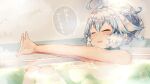 1girl ahoge animal_ears bath bathtub blue_hair breasts closed_eyes commentary_request fang kuromiya large_breasts multicolored_hair nude open_mouth original partially_submerged shiromiya_asuka solo speech_bubble steam translation_request two-tone_hair water white_hair 