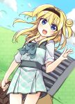 1girl :d alternate_costume arm_at_side black_hairband blonde_hair blue_eyes blue_sky blush chitose_sana commentary_request cowboy_shot day double_bun dress dutch_angle floating_hair green_dress hair_bun hair_intakes hairband hand_up happy highres long_hair looking_at_viewer open_mouth oruto_(ort+) outdoors plaid plaid_dress shirt short_sleeves sidelocks sky smile solo teeth tenshinranman two_side_up upper_teeth_only waving white_shirt wind 