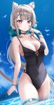  1girl absurdres animal_ear_fluff animal_ears bare_arms bare_shoulders black_choker black_one-piece_swimsuit blue_sky blunt_bangs blush cat_ears choker cloud commentary_request covered_navel day genshin_impact grey_hair groin highres long_hair looking_at_viewer lynette_(genshin_impact) miruku_pan one-piece_swimsuit parted_lips purple_eyes sky swimsuit thigh_strap thighs very_long_hair wading water 