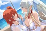  2girls bare_shoulders beach bikini blue_eyes blue_hair blush braid breasts cleavage collarbone detached_sleeves fate/grand_order fate_(series) flower fujimaru_ritsuka_(female) fujimaru_ritsuka_(female)_(summer_street) gold_trim grey_hair hair_flower hair_ornament highres jacket large_breasts long_hair long_sleeves morgan_le_fay_(water_princess)_(fate) multiple_girls one_side_up orange_eyes orange_hair ponytail puffy_long_sleeves puffy_sleeves see-through see-through_jacket short_hair swimsuit untue white_bikini white_jacket 