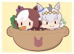  2girls :i ahoge animal_ears blush bow brown_background brown_hair carrot chibi closed_mouth ear_bow eating food food_on_face food_request gomashio_(goma_feet) grey_hair horse_ears in_pot multicolored_hair multiple_girls oguri_cap_(umamusume) purple_bow shirt simple_background special_week_(umamusume) two-tone_hair umamusume wavy_mouth white_hair white_shirt |_| 
