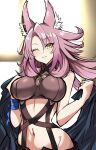  1girl :3 absurdres animal_ear_fluff animal_ears bandeau bare_shoulders blush breasts brown_bandeau closed_mouth commentary_request cowboy_shot duel_monster earclip ferret_ears ferret_girl groin hair_between_eyes highres holding large_breasts long_hair looking_at_viewer midriff navel one_eye_closed pink_hair sidelocks slit_pupils smile solo standing synchroman tri-brigade_ferrijit_the_barren_blossom wrist_wrap yellow_eyes yu-gi-oh! 