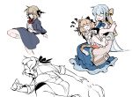  2girls ? ?? animal_ears anisphia_wynn_palettia ball barefoot basketball_(object) black_jacket black_ribbon black_skirt blazer blonde_hair blue_bow blue_hair blue_skirt bow bowtie calico cat_ears cat_girl cat_tail closed_eyes closed_mouth commentary_request contemporary euphyllia_magenta hair_ribbon highres jacket kemonomimi_mode lelioz long_hair long_sleeves medium_hair motion_blur multiple_girls multiple_views open_mouth red_bow red_bowtie ribbon school_uniform shirt simple_background sitting sitting_on_lap sitting_on_person skirt smile socks sweatdrop tail tensei_oujo_to_tensai_reijou_no_mahou_kakumei white_background white_shirt white_socks yellow_ribbon 