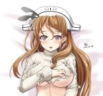  1girl artist_name blush breasts brown_eyes brown_hair dated kantai_collection large_breasts littorio_(kantai_collection) long_hair long_sleeves open_mouth signature solo sweater tk8d32 torn_clothes torn_sweater upper_body white_background white_sweater 