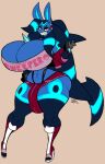 2023 anthro big_breasts big_bulge black_glvoes blue_body blue_fur boots bottomwear breasts bulge canid canine clothing digital_media_(artwork) eeveelution footwear fur fusion generation_2_pokemon generation_4_pokemon gynomorph high_heeled_boots high_heels huge_bulge intersex jinti_(artist) lucario mammal navel nintendo pokeball_earrings pokemon pokemon_(species) pokemon_fusion red_bottomwear red_clothing red_eyes red_shorts sharp_teeth shorts signature simple_background solo teeth thong umbreon underwear