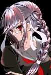  1girl black_background black_shirt braid breasts closed_mouth collarbone danganronpa_(series) danganronpa_2:_goodbye_despair glasses grey_hair grey_sailor_collar hair_ribbon highres long_hair long_sleeves looking_at_viewer medium_breasts pekoyama_peko red_eyes ribbon rimless_eyewear sailor_collar satori_(aosky9077) school_uniform shirt simple_background twin_braids twintails upper_body 