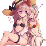  2girls absurdres ahoge bikini black_bikini black_choker braid breasts choker closed_eyes closed_mouth earrings english_commentary hair_between_eyes hat head_on_another&#039;s_shoulder highres jewelry kirojima large_hat light_brown_hair linea_alba long_hair medium_hair multiple_girls navel necklace nijisanji nijisanji_en notice_lines off_shoulder parted_lips pink_bikini pink_hair red_eyes reimu_endou rosemi_lovelock sarong side_ponytail sitting sleeping small_breasts sun_hat swimsuit thigh_strap 