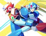  2boys anniversary arm_cannon armor blonde_hair blue_armor blue_eyes chest_jewel commentary energy_sword feet_out_of_frame forehead_jewel from_side glint green_eyes helmet holding holding_sword holding_weapon long_hair looking_at_viewer mega_man_(series) mega_man_x_(series) multiple_boys ponytail red_armor signature simple_background smile sword sznami129 weapon white_background x_(mega_man) z_saber zero_(mega_man) 