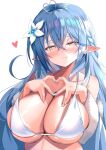  absurdres ahoge bikini blue_coat blue_hair blush braid breasts cleavage coat flower fur-trimmed_coat fur_trim hair_between_eyes hair_flower hair_ornament heart heart-shaped_pupils heart_hands highres hololive large_breasts long_hair mizuno_kurage pointy_ears smile swimsuit symbol-shaped_pupils white_bikini yellow_eyes yukihana_lamy 