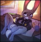 anthro bottomless breasts buckteeth clitoris clothed clothing desk detailed_background disney female fur furniture genitals grey_body grey_fur hi_res judy_hopps lagomorph leporid long_ears lying mammal office on_back on_desk one_breast_out police police_officer police_uniform purple_eyes pussy rabbit shirt small_breasts solo table teeth thatpotoo topwear unbuttoned_shirt uniform unprofessional_behavior zootopia