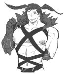  1boy abs absurdres bara bare_pectorals character_request cropped_legs granblue_fantasy greyscale head_wings highres large_areolae large_pectorals looking_at_viewer manboobs monochrome muscular muscular_male navel nipples one_eye_closed pectorals pulled_by_self sekigan_no_samurai_(gatu_1221) solo thick_eyebrows wings 