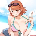  1girl beach bikini bikini_top_aside bikini_top_only breasts brown_eyes brown_hair commission denim denim_shorts eyewear_on_head flashing front-tie_bikini_top front-tie_top highres hiita_(hitta_99) index_finger_raised large_breasts leaning_forward light_blush nipples ocean one_breast_out persona persona_3 pixiv_commission short_hair short_shorts shorts smile solo sunglasses swimsuit takeba_yukari 