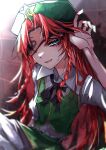  1girl 33_gaff beret blue_eyes braid brick_wall commentary green_headwear hat hat_ornament hong_meiling long_hair open_mouth red_hair side_braids sleep_mask solo star_(symbol) star_hat_ornament touhou twin_braids upper_body 
