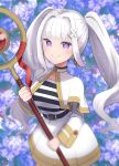  1girl 69_illust absurdres blurry blurry_background blush capelet closed_mouth commentary_request cosplay dangle_earrings depth_of_field drop_earrings earrings elf emilia_(re:zero) flower frieren hair_ornament highres holding holding_staff jewelry long_hair long_sleeves looking_at_viewer mage_staff nemophila_(flower) pointy_ears purple_eyes re:zero_kara_hajimeru_isekai_seikatsu shirt sidelocks smile solo sousou_no_frieren staff striped_clothes striped_shirt twintails white_capelet white_hair x_hair_ornament 