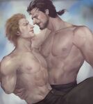 2boys abs amputee beard blonde_hair blue_eyes brown_hair carrying collarbone eyepatch facial_hair holding horns looking_at_another male_focus metal_gear_(series) metal_gear_solid_v mugikoma mullet multiple_boys muscular muscular_male navel nipples parted_lips pectorals ponytail princess_carry realistic scar scar_across_eye scar_on_arm scar_on_cheek scar_on_face scar_on_nose shirtless short_hair simple_background single_horn smile venom_snake yaoi 
