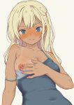  1girl absurdres blonde_hair blue_eyes blue_one-piece_swimsuit blush breasts check_commentary cleavage clothes_pull commentary_request daipunch dark_skin embarrassed galzaki-san_(daipunch) gyaru highres kogal long_hair looking_at_viewer nipples one-piece_swimsuit one-piece_swimsuit_pull original pink_nails school_swimsuit side_ponytail solo swimsuit tan tanlines tearing_up tears 