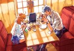  1boy 1girl ahoge alternate_costume belt black_belt blue_necktie blue_pants blue_skirt booth_seating burger closed_mouth collared_shirt condiment_packet cup drinking_glass drinking_straw eating elbow_rest elbows_on_table fate/grand_order fate_(series) food food_wrapper fujimaru_ritsuka_(female) grey_hair hair_between_eyes hair_down highres holding holding_drinking_straw holding_food indoors looking_at_another looking_at_food medium_hair necktie open_mouth orange_hair pants plate pleated_skirt restaurant saitou_hajime_(fate) shirt short_hair sitting skirt sleeves_past_elbows sleeves_pushed_up sunlight teeth uni_(nico02) watch white_shirt window wristwatch yellow_eyes 