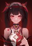  1girl absurdres bare_shoulders bell black_choker black_gloves bow brown_hair choker closed_mouth criss-cross_halter fox_mask gloves hair_bow halterneck highres holding holding_mask honkai:_star_rail honkai_(series) long_hair looking_at_viewer lqk_(pixiv_40481191) mask neck_bell o-ring portrait red_background red_bow red_eyes sidelocks simple_background single_glove smile solo sparkle_(honkai:_star_rail) straight-on string string_of_fate twintails 
