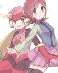  2girls :d blonde_hair blush bodysuit green_eyes han0579 helmet long_hair long_sleeves looking_at_another looking_at_viewer mayl_sakurai_(mega_man) mega_man_(series) mega_man_battle_network_(series) multiple_girls netnavi open_mouth pink_eyes pink_hair pink_skirt roll.exe_(mega_man) shirt short_hair skirt smile very_long_hair white_background 