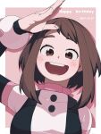  1girl :d arms_up blush bodysuit boku_no_hero_academia breasts brown_eyes brown_hair dated happy_birthday highres looking_at_viewer open_mouth sidelocks simple_background smile solo teeth tongu_11 two-tone_background upper_body uraraka_ochako 