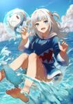  1girl barefoot beach bloop_(gawr_gura) blue_eyes blue_hair bubble feet fins fish_tail gawr_gura gawr_gura_(1st_costume) grey_hair hair_ornament highres hololive hololive_english hood hoodie long_hair long_sleeves multicolored_hair ocean open_mouth rune_(rne_at) shark_girl shark_tail sharp_teeth smile solo streaked_hair tail teeth toes virtual_youtuber white_hoodie 