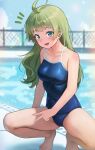  1girl :o ahoge bare_legs barefoot blue_one-piece_swimsuit blush breasts c_(theta) chain-link_fence collarbone covered_navel fence green_eyes green_hair hat highres holding holding_clothes holding_hat idolmaster idolmaster_million_live! looking_at_viewer medium_breasts notice_lines one-piece_swimsuit pool poolside school_swimsuit shimabara_elena slav_squatting smile solo squatting swim_cap swimsuit tiptoes v 