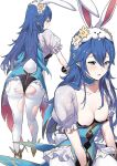  1girl ameno_(a_meno0) animal_ears ass blue_eyes blue_hair breasts cleavage collarbone fake_animal_ears fake_tail fire_emblem fire_emblem_awakening fire_emblem_heroes flower hair_between_eyes leotard long_hair lucina_(fire_emblem) lucina_(spring)_(fire_emblem) official_alternate_costume pantyhose playboy_bunny puffy_short_sleeves puffy_sleeves rabbit_ears rabbit_tail short_sleeves simple_background small_breasts solo tail torn_clothes torn_pantyhose white_background white_pantyhose yellow_flower 