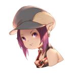  1girl choker cropped_torso earrings final_fantasy final_fantasy_xiv goggles goggles_around_neck hat jewelry kochiya_(gothope) lalafell looking_at_viewer pointy_ears purple_eyes purple_hair short_hair sleeveless solo upper_body white_background 