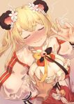  1girl animal_ears bear_ears blonde_hair blush breast_grab breasts cleavage closed_eyes double_bun flower grabbing hair_between_eyes hair_flower hair_ornament highres hololive long_hair looking_at_viewer mochiyuki_(gigfor1) momosuzu_nene open_mouth smile solo v virtual_youtuber 