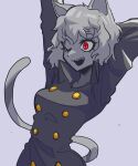  1girl animal_ears arms_behind_head arms_up bone_nig breasts buttons colored_skin fang grey_background grey_skin highres hunter_x_hunter medium_hair neferpitou one_eye_closed open_mouth partially_colored red_eyes smile solo tail upper_body 