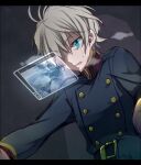  1boy aldnoah.zero antenna_hair belt belt_buckle black_belt blonde_hair blue_background blue_eyes blue_jacket blue_sleeves buckle buttons collar collared_jacket commentary_request hair_over_one_eye heavy_breathing high_collar holographic_interface jacket letterboxed long_sleeves male-female_symbol military_uniform open_mouth red_collar short_hair simple_background slaine_troyard solo sweat uniform upper_body usamata wavy_mouth 