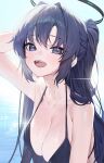  1girl absurdres arm_up bare_shoulders black_halo blue_archive blue_eyes blue_hair breasts cleavage collarbone gnns half_updo halo hashtag_only_commentary highres large_breasts looking_at_viewer ocean solo sparkle upper_body wet yuuka_(blue_archive) 